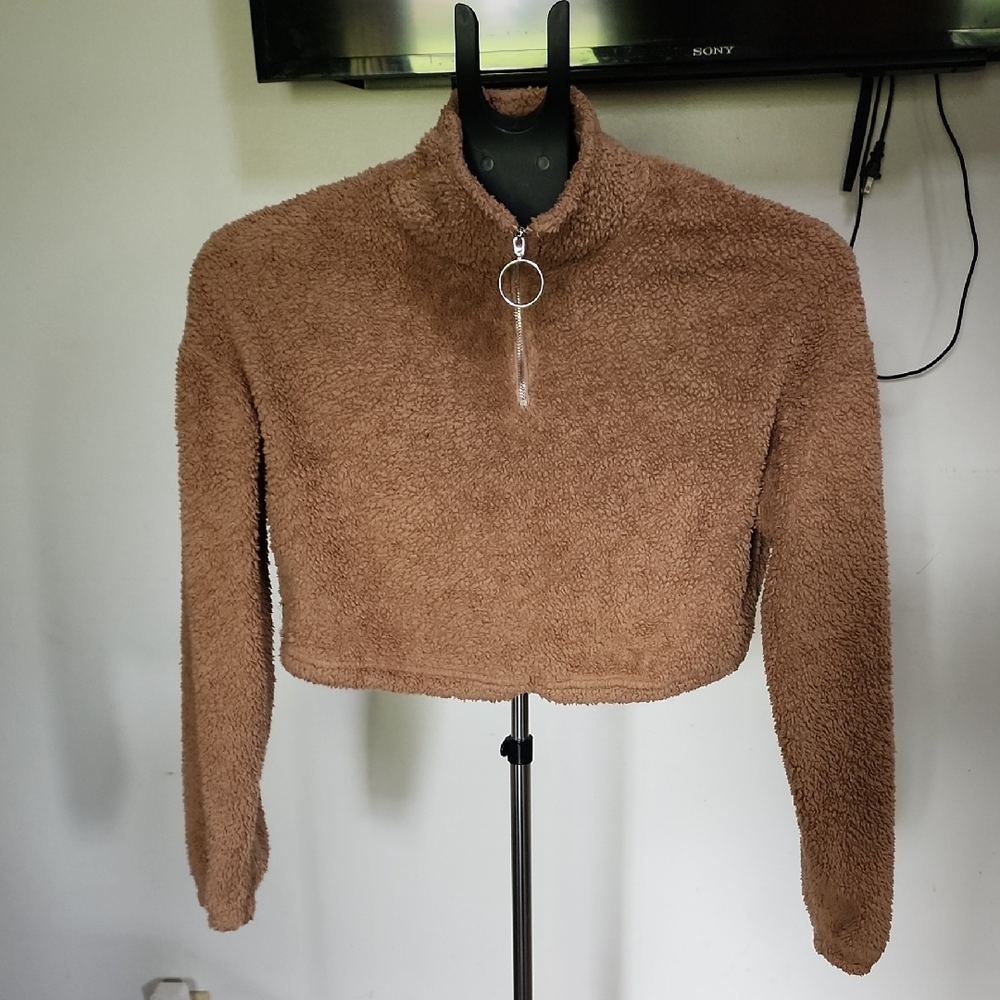 SHEIN Tan Fleece Cropped Pullover
